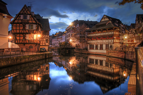 strasbourg france sky hdr photomatix clouds saturation houses blue night river red lights explore architecture streets contrast sunset cloudy reflection