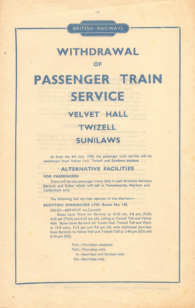 British Railways - withdrawal of passenger train services from Velvet Hall, Twizell and Sunilaws - 4 July 1955