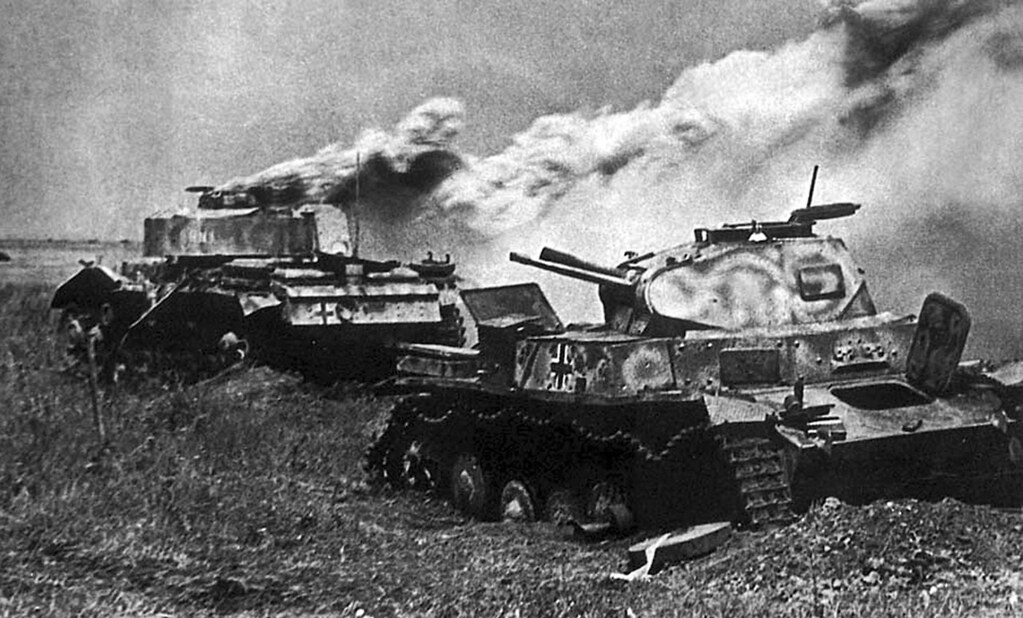 The destruction of the German Panzers Pz.III and Pz.II