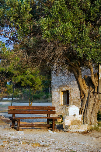 sunset tree history window monument bench evening ancient chapel greece kassandra neafokea