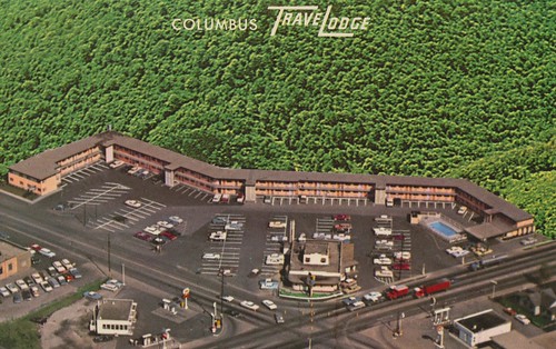columbus ohio vintage restaurant postcard aerialview motel gasstation travelodge explorers aaa