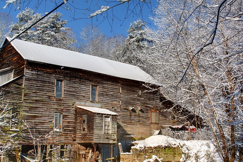 old trees snow mill rural nc dam rustic north carolina exposurefusion davidhopkinsphotography ncpedia