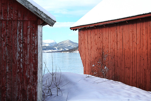 winter sea snow mountains fjord boathouses sjøholt larigan phamilton nauster