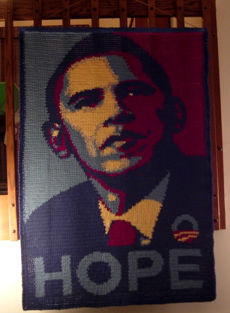 Crocheted Wallhanging using Shepard Fairey's Hope graphic
