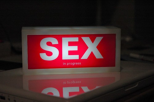 A red, light-up sign that says "Sex in progress"