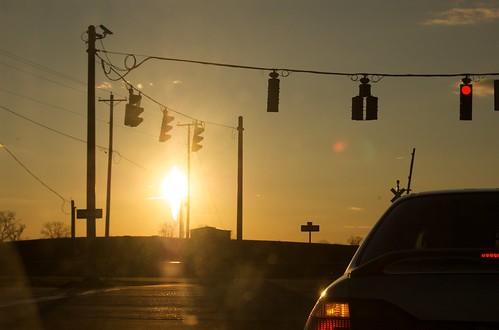 road street light sunset red sun car traffic tail stop intersection untouched