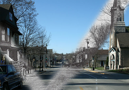 lookingintothepast cedarburg wisconsin vintage overlay photoshop rebelxti scans bwandcolor streetview horses wagon 1000views thenandnow