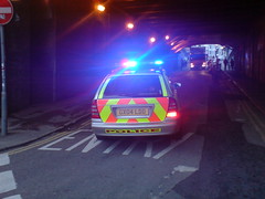 GX04LDD Sussex Police Mercedes E-class blocking off trafalgar street due to a lorry getting stuck under the bridge.