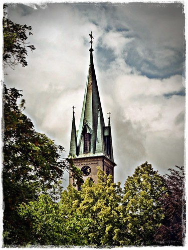 old sky sunlight green tower church architecture clouds vivid poland polska sunny bielskobiała bielskobiala