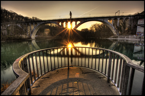 bridge sunset sun water switzerland geneva rhône junction hdr arve jonction