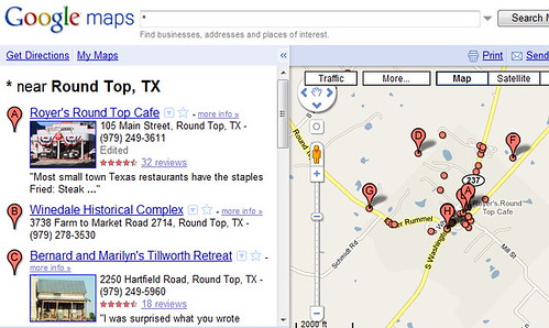google googlemaps texas maps restaurants beta cafes businesses seo roundtop smalltowns localsearch betatest betafeatures localsearchoptimization localseo localsearchengineoptimization googlemapslabs placerank