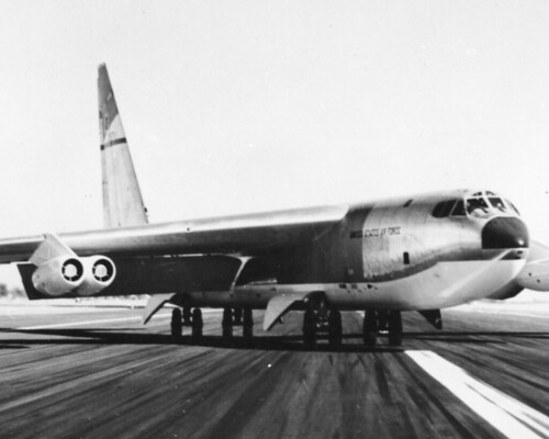 A Boeing B-52 With Landing Gear Adjusted For Crab