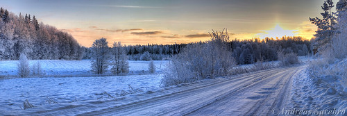 road morning winter panorama sun snow cold tree sol field sunrise vinter snö 2009 hdr arboga hdrpanorama