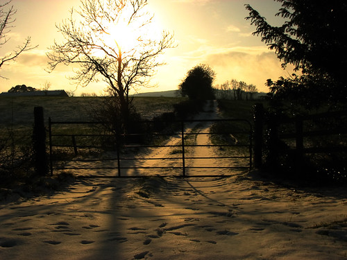 sunset snow rural landscape gate shadows lane fields countrylandscapes