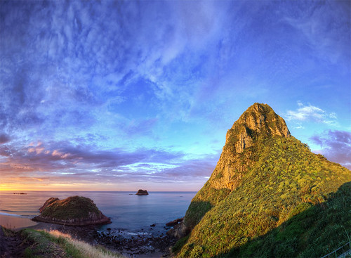 blue sunset newzealand sky panorama beach rock clouds island back pano vegetation hdr taranaki newplymouth paratutu