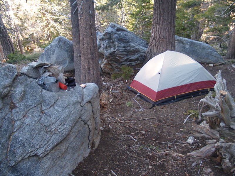 Shielded stove enclosure on the big boulder in the Diorite Campsite in Tamarack Valley.