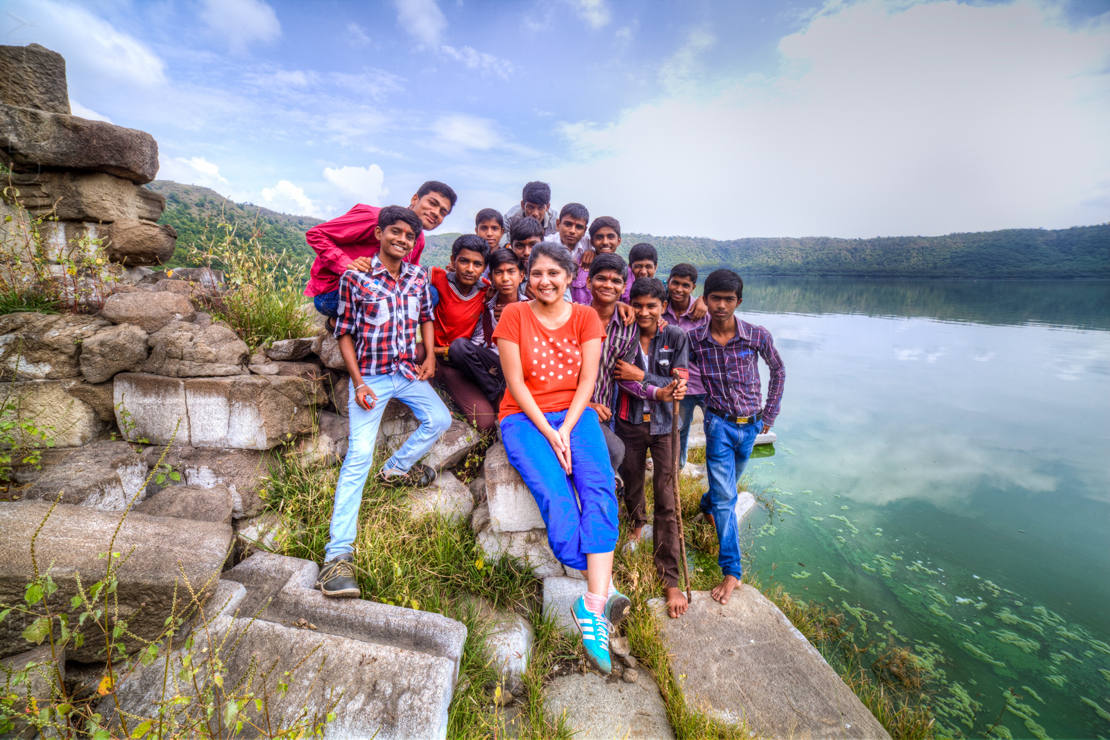Priya with the local boys at Lonar lake