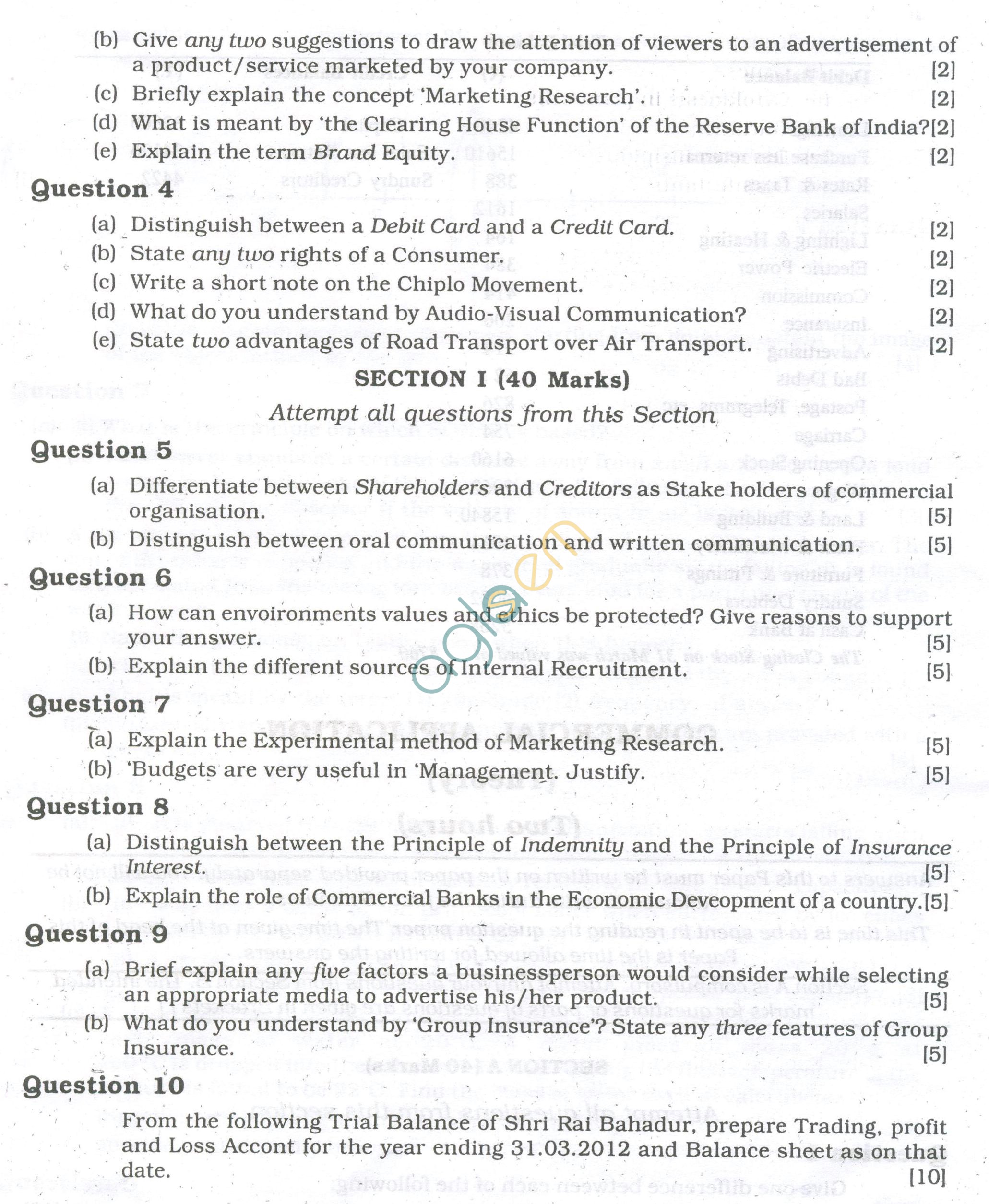 ICSE Question Papers 2013 for Class 10 - Commercial Studies/