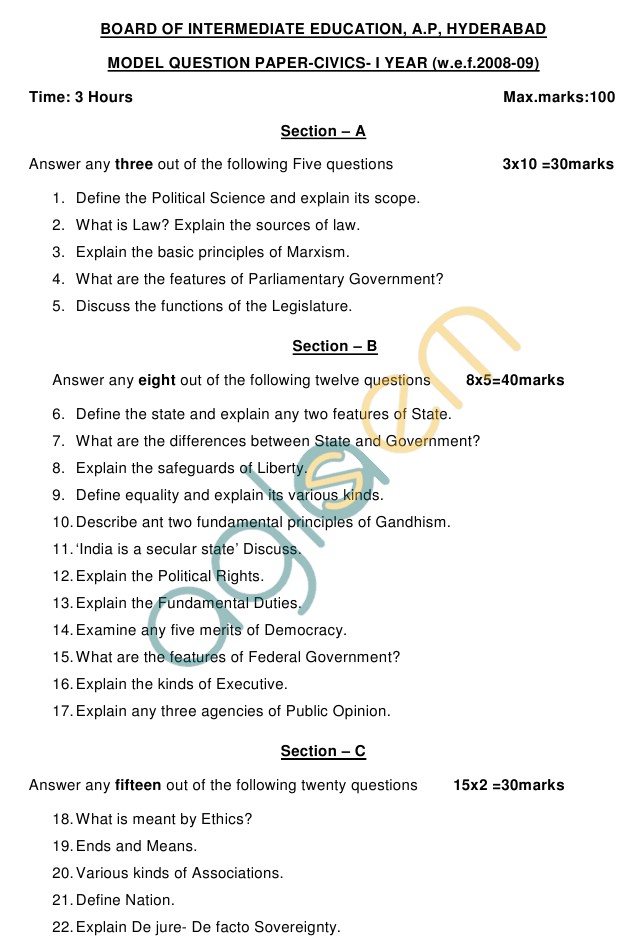AP Board Intermediate I Year Civics (Political Science) Model Question Paper