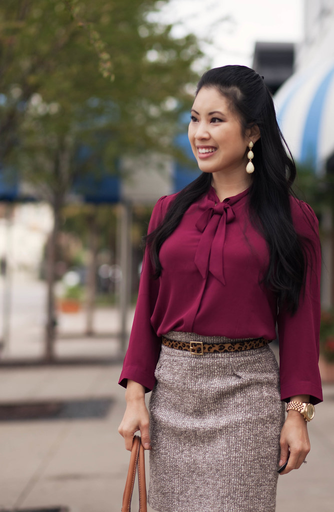 cute & little blog | burgundy top, tweed skirt, brown tights, leopard belt outfit