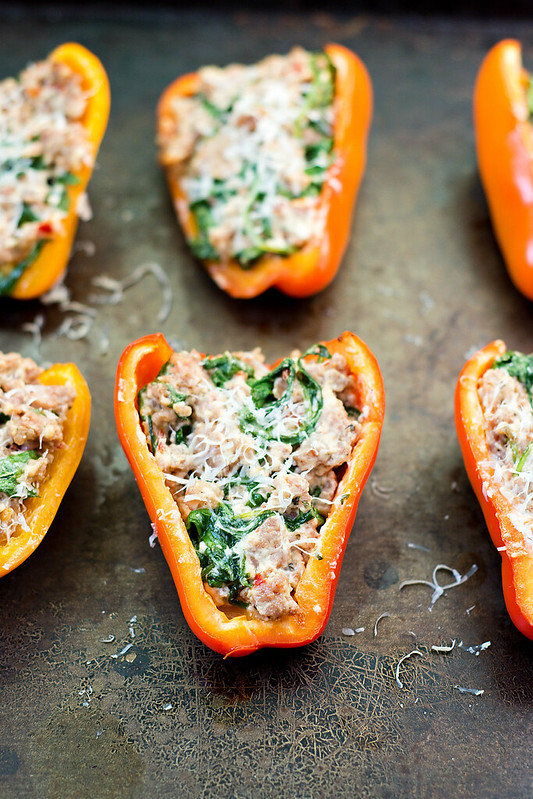 Sausage, Goat Cheese and Arugula Stuffed Peppers