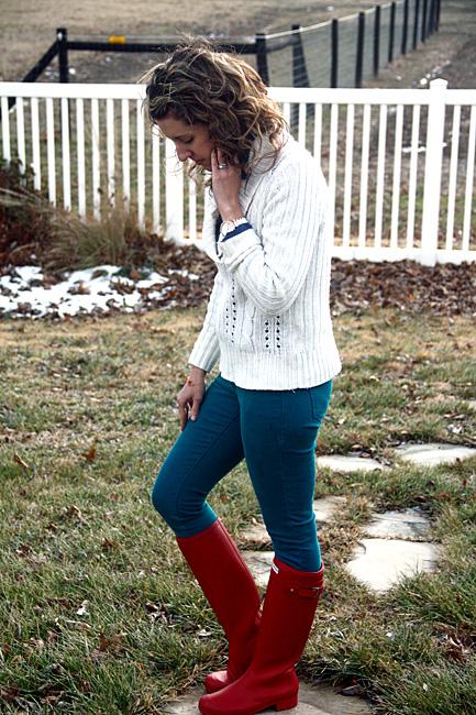 Fashion Post: Chambray, Teal Skinnies and Red Hunter Boots ...