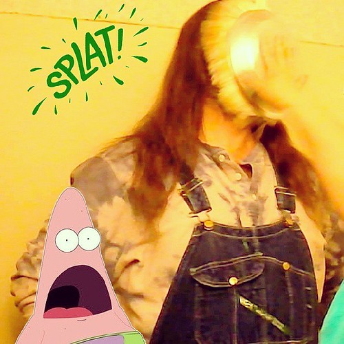 Pie in the face: Patrick Starfish is surprised by my fate. #PatrickStarfish #pieintheface #overalls #splat