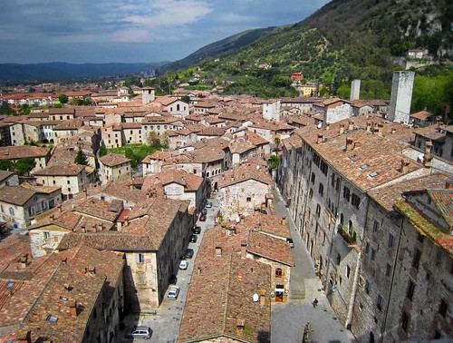 italy panorama view roofs townscape umbria gubbio medievaltown seenfromabove