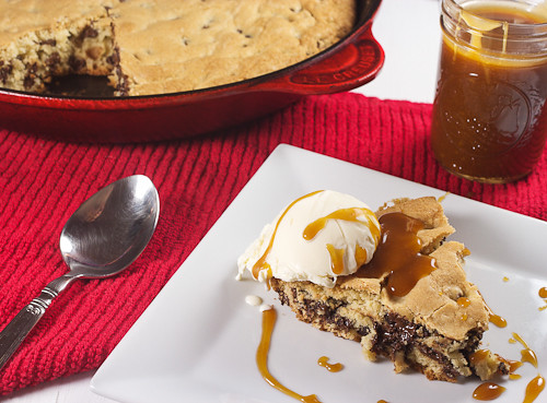Skillet Chocolate Chip Cookie with Caramel Sauce
