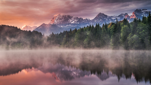 trees light red sky panorama house mist lake mountains alps nature water colors fog clouds sunrise reflections germany landscape bavaria mirror hut alpine karwendel wallgau geroldsee wagenbrüchsee