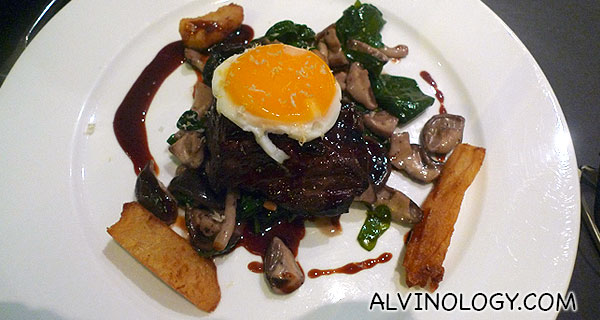 Beef Short Ribs (Sautéed spinach and mushroom in port wine sauce reduction topped with egg) - S$29
