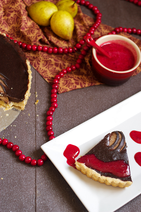 Pear and Chocolate Tart with Cranberry Puree