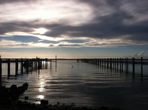 wood blue sunset white bay dock walkway poles