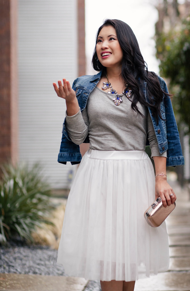 cute & little blog | denim jacket, gray shirt, white dresslily tulle skirt outfit