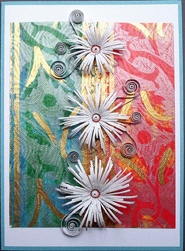 White Fringed Flowers on a greeting card with colorful foil background - Spider Mum Variation