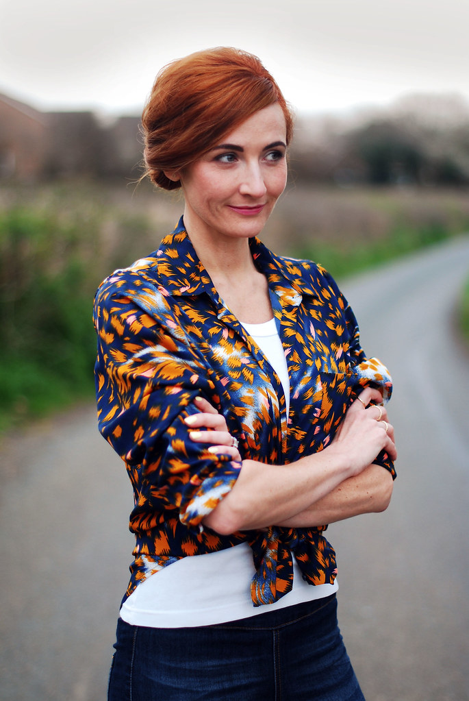 Patterned shirt, white tank