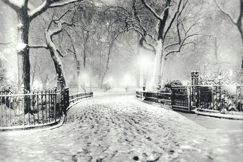 New York City Winter - Snow - Night in Madison Square Park