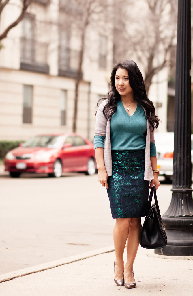 cute & little blog | the limited gray cardigan, teal sweater, j. crew floral brocade pencil skirt, celine, winter work outfit