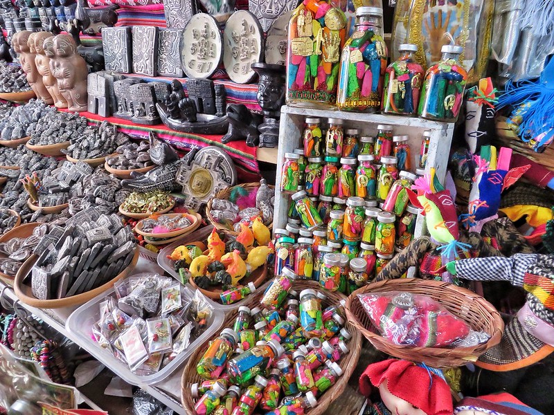 Talismans and totems for sale at Mercado de las Brujas in La Paz, Bolivia