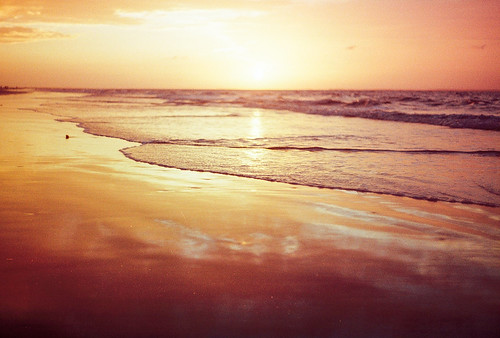 sunset sea sun film beach wet water sand waves kodak