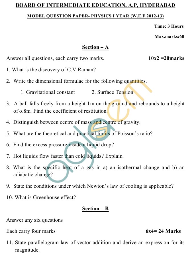 AP Board Intermediate I Year Physics Model Question Paper