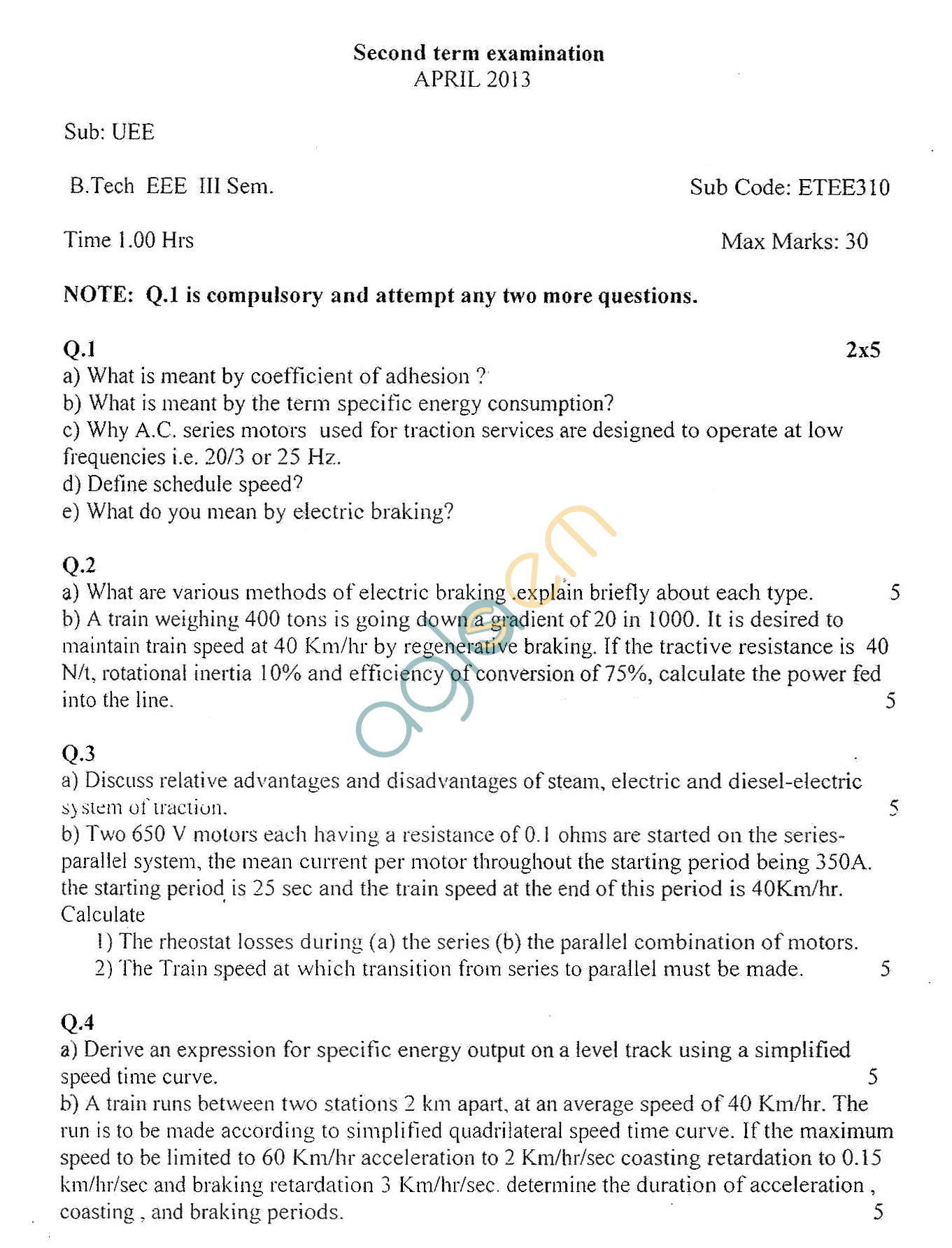 GGSIPU Question Papers Sixth Semester  Second Term 2013  ETEE-310