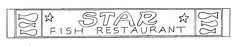 A sketch of a rectangular sign reading “Star Fish Restaurant” with one stylised star and three stylised fish on each side of the text.