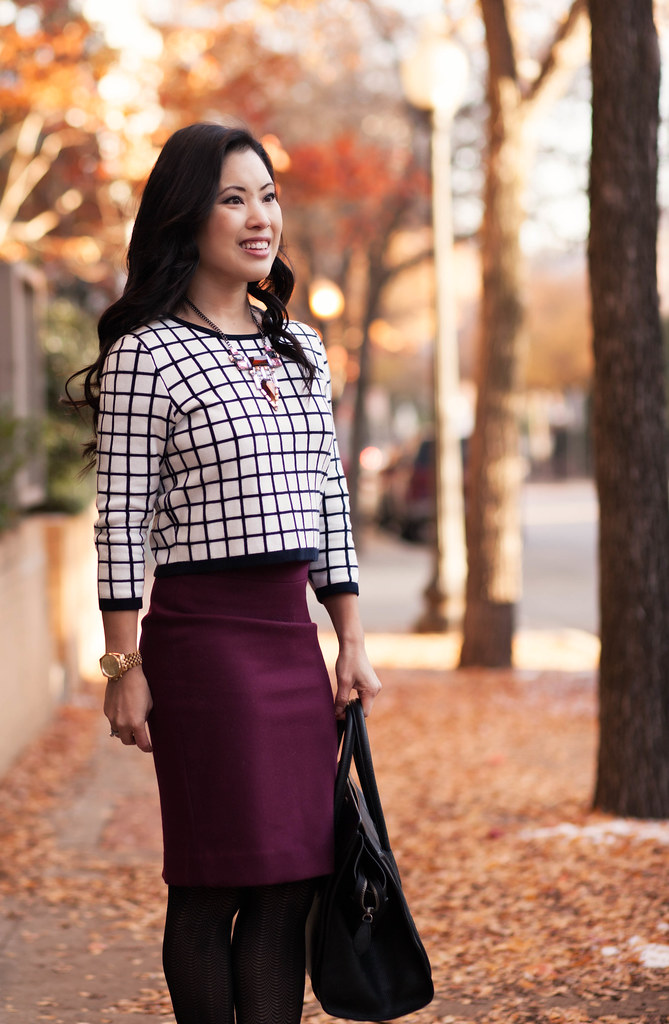 cute & little blog | windowpane checkered grid sweater, burgundy pencil skirt, jewelmint statement necklace outfit