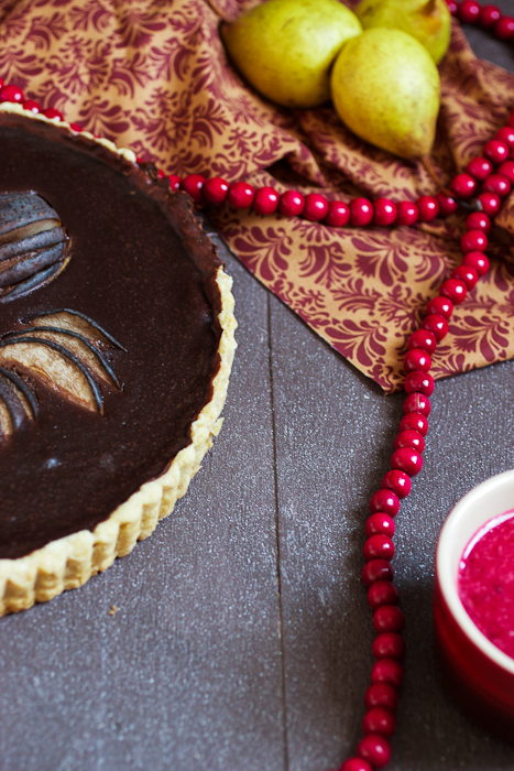 Pear and Chocolate Tart with Cranberry Puree