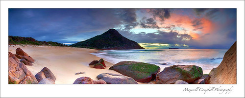 longexposure panorama sun mountain beach sunrise canon newcastle landscape photography sand rocks australia le nsw nelsonbay portstephens zenithbeach shoalbay maxwellcampbell