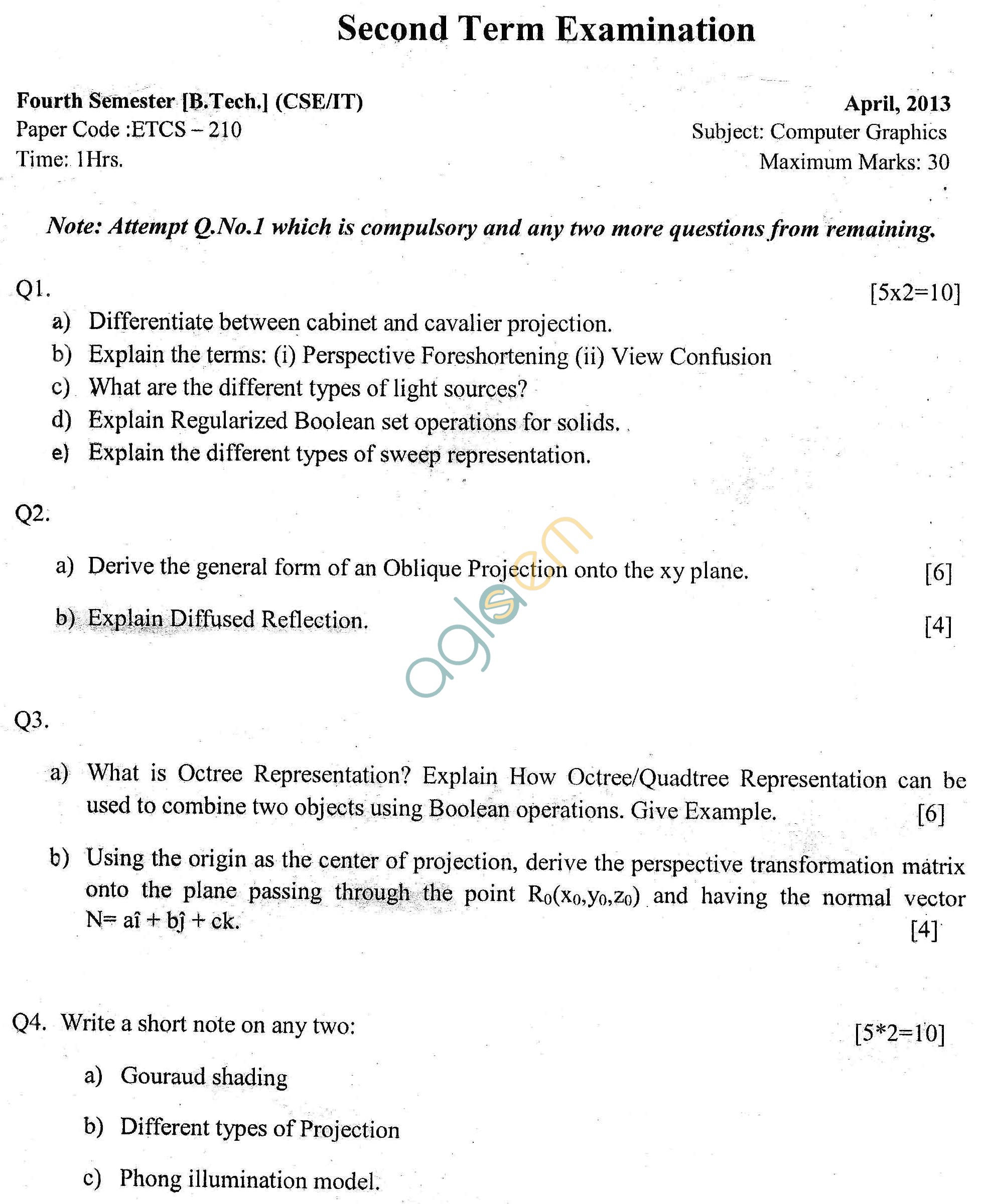 GGSIPU Question Papers Fourth Semester  Second Term 2013  ETCS-210