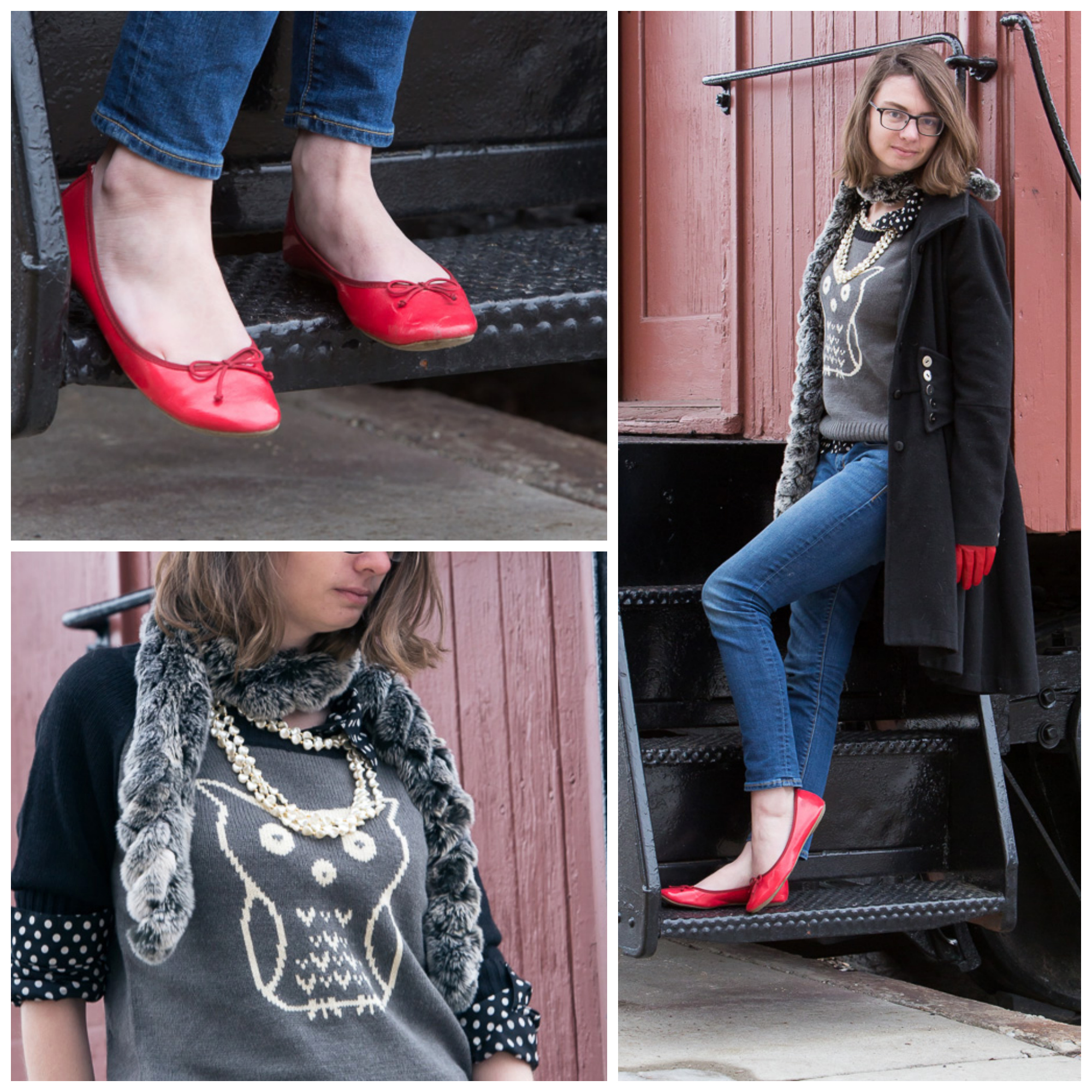 red gloves, owl sweater, polka dots, popbasic, red shoes, fur scarf, outfit, never fully dressed, withoutastyle, montana,