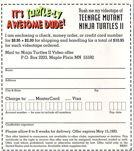 TEENAGE MUTANT NINJA TURTLES II : THE SECRET OF THE OOZE :: "YO DUDES ..." ; TMNT II Video Offer form iii  (( 1993 ))