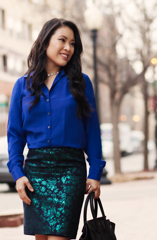 cute & little blog | petite fashion | cobalt silk shirt, j.crew emerald floral brocade skirt, peep-toe slingback pumps outfit